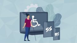 image of person with cane anddisability options on computer table and cell phone