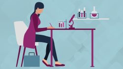woman at desk creating design with laboratory instrument icons surrounding